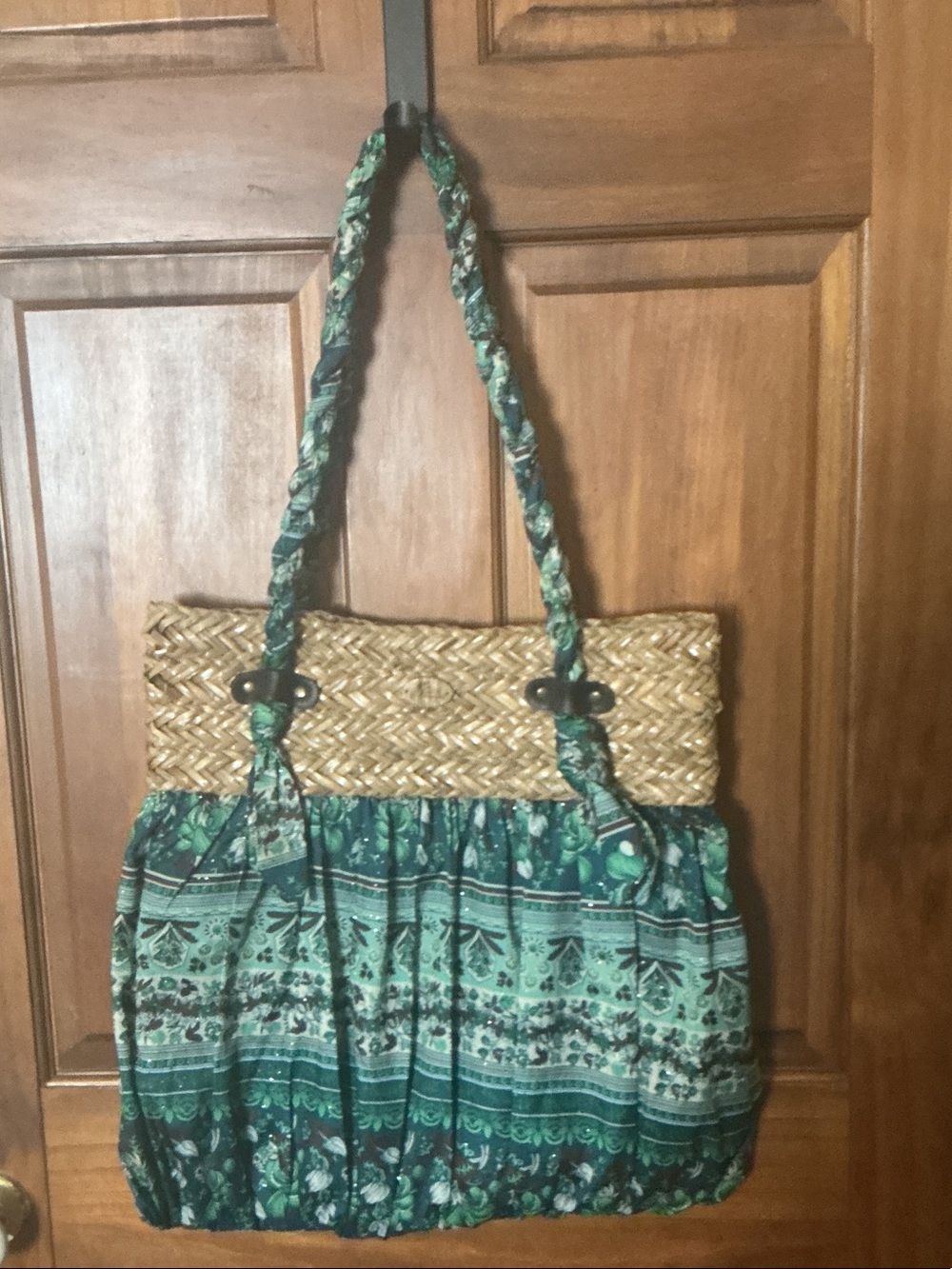 Woven Straw & Green Patterned Tote Bag